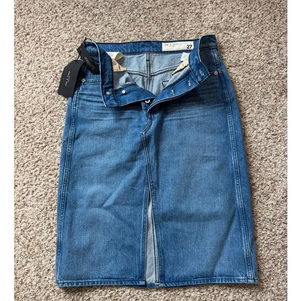NWT - RAG & BONE Blue Denim Skirt, size 27; Button Fly; POPPY; Vintage High rise